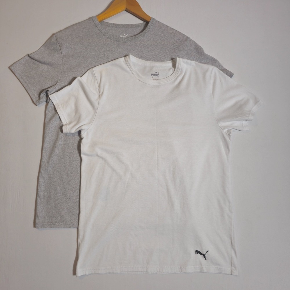 Puma T Shirt Mens Small Gray White Cotton Logo Crew Neck Short Sleeve Lot Of 2